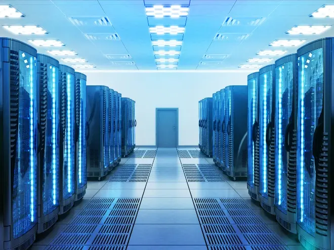 Server racks and cooling systems inside a secure data center facility.